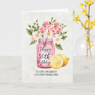 Cousin 50. Geburtstag Rosa Blumengrüße Karte