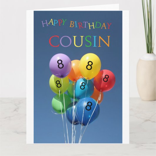 Cousin 8. Geburtstag bunte Ballons Karte (Vorderseite)