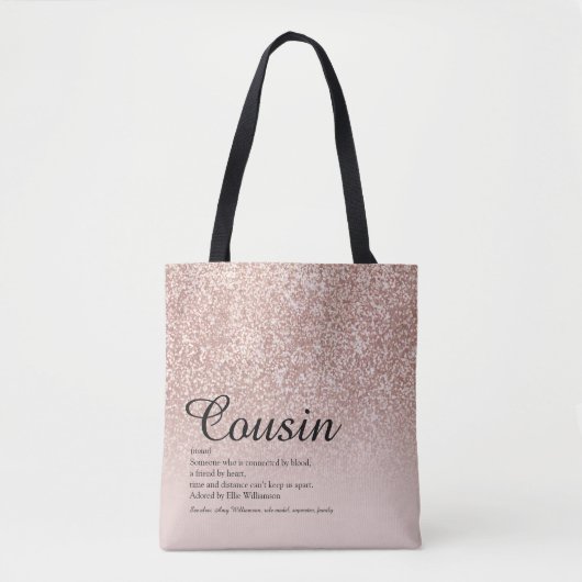 Cousin Definition Script Rose Gold Glitzer Tasche (Vorderseite)