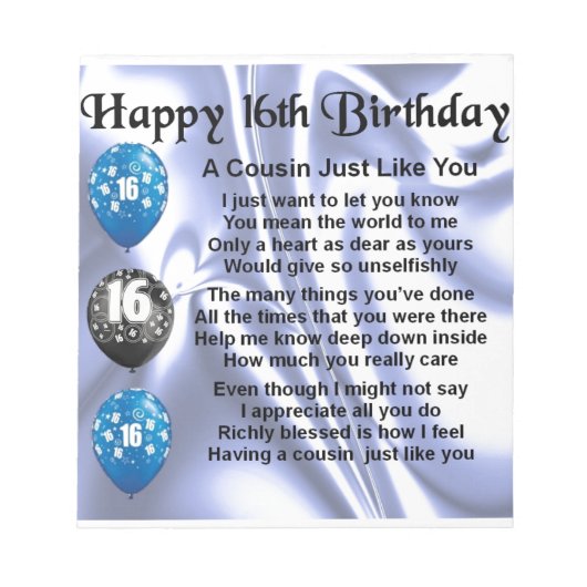 Cousin Gedicht 16. Geburtstag - Blau Notizblock (Vorderseite)