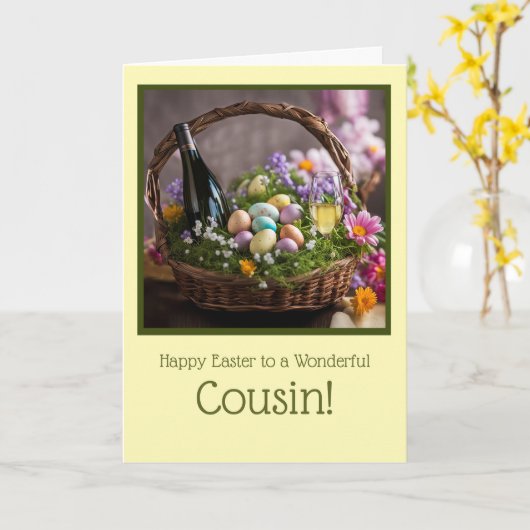 Cousin Happy Easter Humorous with Wine Karte (Gelbe Blume)