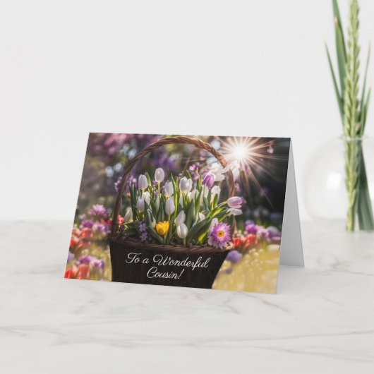 Cousin Happy Easter with Basket of Spring Bulbs  Karte (Vorderseite)