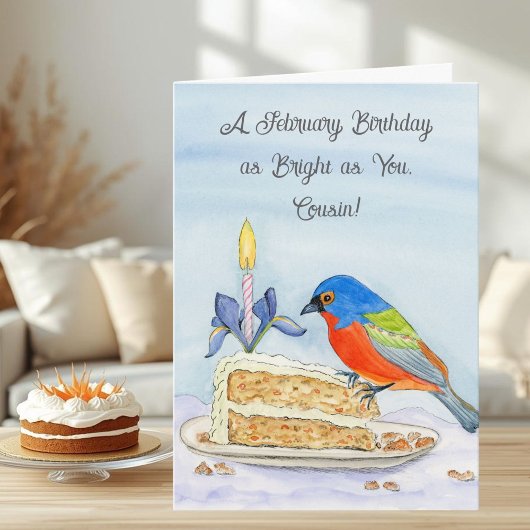 Cousin Happy February Birthday Painted Bunting Karte