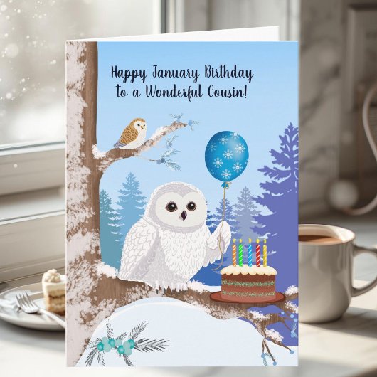 Cousin Happy January Birthday Snowy Owl Karte