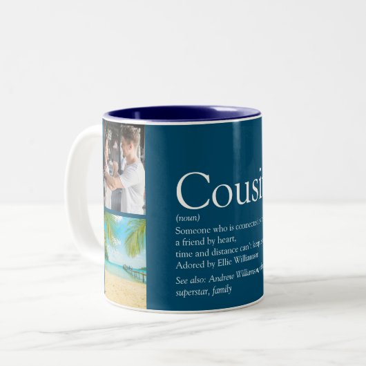 Cousin Modern 4 Foto Fun Blue Definition Zweifarbige Tasse (Vorderseite Links)