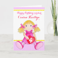 Cousin rag doll art age 4 birthday card