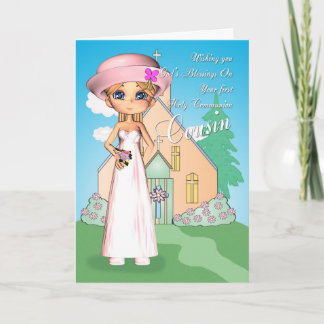 Cousin zuerst heilige Kommunion kleine Mädchen und Karte