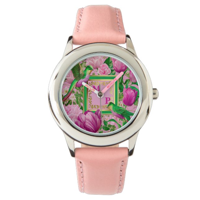 Couture-Botanical-Paradiesvogel-Monogramm Armbanduhr (Vorderseite)
