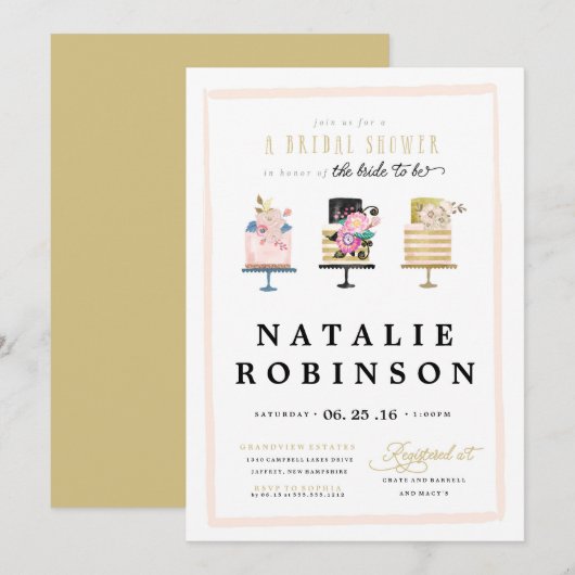 Couture Cake Bridal Dusche Einladung - Gold (Vorne/Hinten)