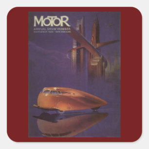 Cover des Vintagen Motor Magazine, Futuristic City Quadratischer Aufkleber