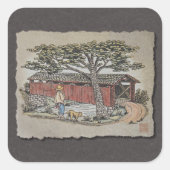 Covered Bridge & Boy Quadratischer Aufkleber (Vorderseite)