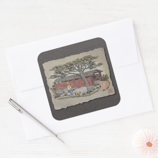 Covered Bridge & Boy Quadratischer Aufkleber (Umschlag)
