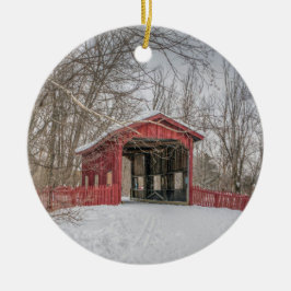 Covered Bridge Red Snow Foto Keramik Ornament