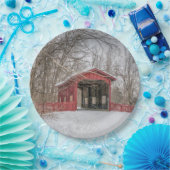 Covered Bridge Red Snow Foto Pappteller (Party)