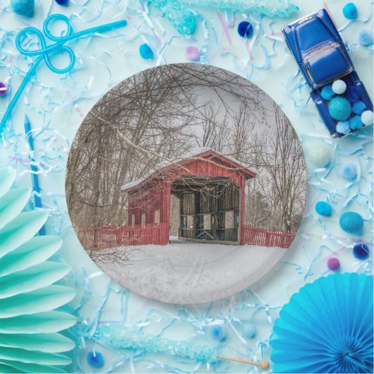Covered Bridge Red Snow Foto Pappteller (Party)
