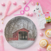 Covered Bridge Red Snow Foto Pappteller (Party)