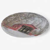 Covered Bridge Red Snow Foto Pappteller (Schrägansicht)