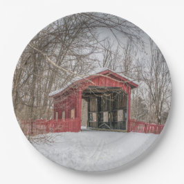 Covered Bridge Red Snow Foto Pappteller