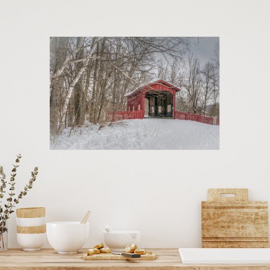 Covered Bridge Red Snow Foto Poster (Küche)