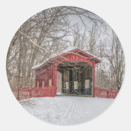 Covered Bridge Red Snow Foto Runder Aufkleber