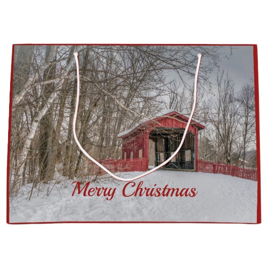 Covered Bridge Red Snow Foto Weihnachten Große Geschenktüte (Vorderseite)