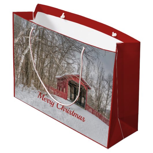 Covered Bridge Red Snow Foto Weihnachten Große Geschenktüte (Rückseite Schrägansicht)
