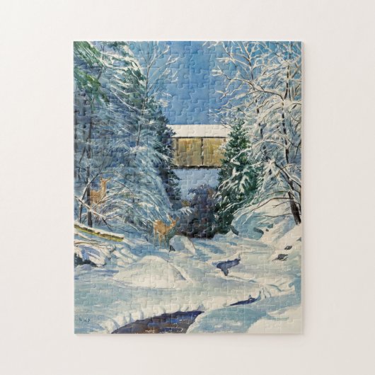 Covered Bridge with Snow and Deer at Stream Puzzle (Vertikal)