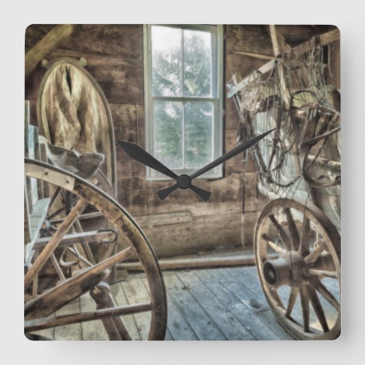Covered wagon, wooden wagon wheel quadratische wanduhr (Vorderseite)
