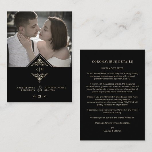 Covi19 Wedding Initials Flourish Sophisticated Begleitkarte (Vorne/Hinten)