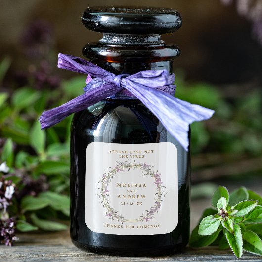 Covid19 Lilac Floral Wreath Wedding Sanitizer Gel Quadratischer Aufkleber