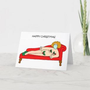 Covid 19 Weihnachtsfrau Tragend Holly Holiday Card Feiertagskarte