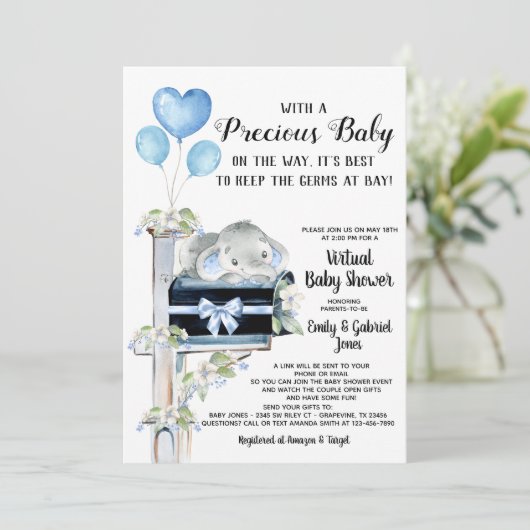 Covid Baby Shower Boy Elephant Einladung (Stehend Vorderseite)