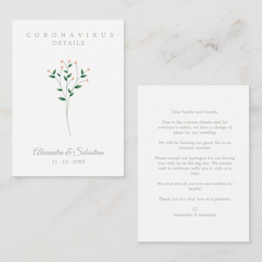 Covid Details Sophisticated Coral Elegant Branches Begleitkarte (Vorne/Hinten)