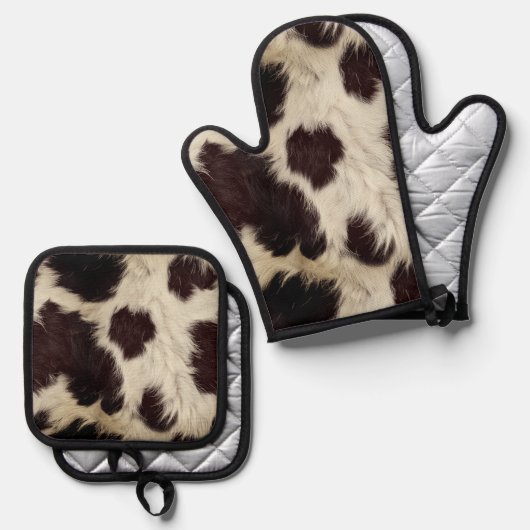Cow Black White Spots Fur Ofenhandschuh & Topflappen-Set (Vorderseite/Rückseite)
