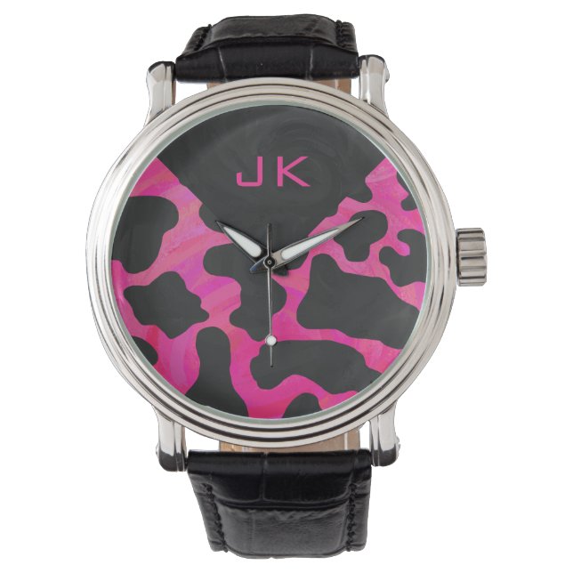 Cow Cow Hot Pink und Black Print Armbanduhr (Vorderseite)