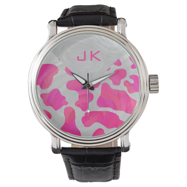 Cow Cow Hot Pink und White Print Armbanduhr (Vorderseite)