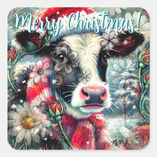 Cow Dreaming of Warmer Times Floral Personalized Quadratischer Aufkleber (Vorderseite)