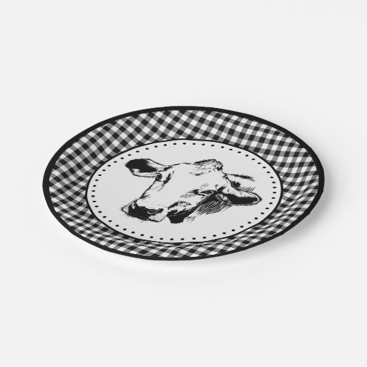 Cow Gingham Farmhouse Pappteller (Schrägansicht)