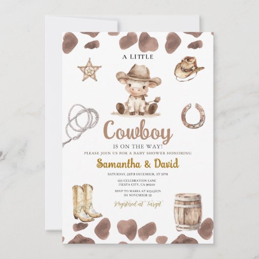 Cow Pattern Cowboy is on the Way Baby Shower Einladung (Vorderseite)