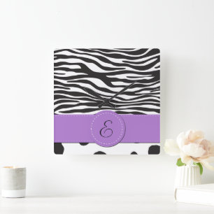 Cow Print, Cow Spots, Zebra Stripes, Monogram Quadratische Wanduhr
