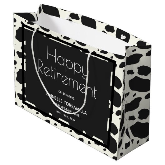 Cow Print Name Retirement Party Große Geschenktüte (Rückseite Schrägansicht)