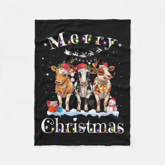 Cow Reindeer Hat Santa Christmas Lights Funny Cow  Fleecedecke (Vorderseite)