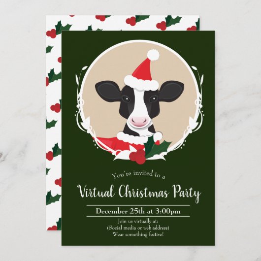 Cow Santa Green Virtual Christmas Party Einladung (Vorne/Hinten)