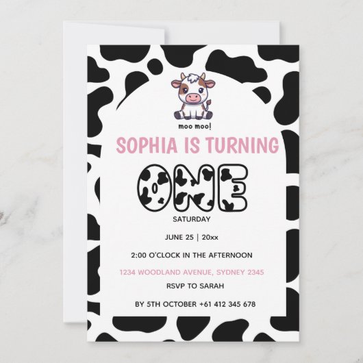 Cow Theme First Birthday Invitation – Turning One  Einladung (Vorderseite)