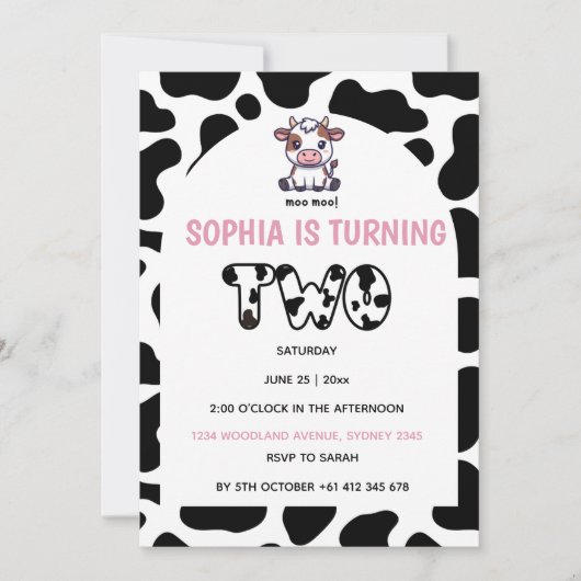 Cow Theme Second Birthday Invitation –Turning TOW Einladung (Vorderseite)