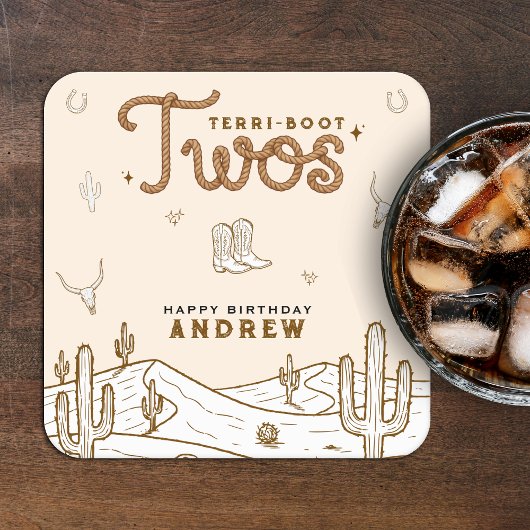 Cowboy 2nd Birthday Party Terri-Boot Twos Western Rechteckiger Pappuntersetzer