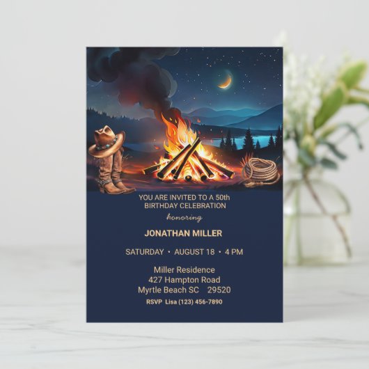 Cowboy 50. Geburtstag Bonfire Party Einladung (Stehend Vorderseite)