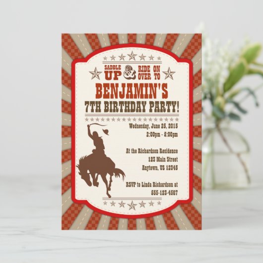 Cowboy 7. Geburtstagsparty Einladung (Stehend Vorderseite)