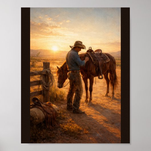 Cowboy adjusting saddle at sunrise poster (Vorne)