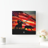 Cowboy American Flag Steer Roping and Pferd Quadratische Wanduhr (Zuhause)